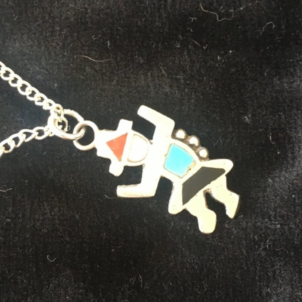 Vintage Zuni Rainbow Katchina necklace, with, coral, obsidian, turquoise inlay